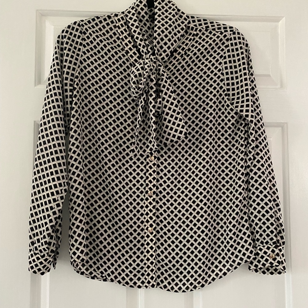 Ann Taylor Petite Black and White Tie Neck Blouse - Size XSP